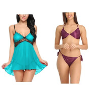 Combo set of Babydoll Lingerie and Bra panty set Free size Aqua and Purple color