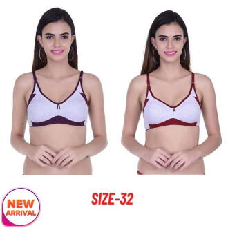 Set of 2 Women's Cotton Non Padded Daily Workout Sports Gym Bra Size 32 Purple and Maroon Color