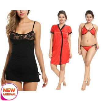 Set of 2 Women's Lingerie Net Solid Above knee Baby Doll With G String Panty and Robe Free Size Black and Red Color