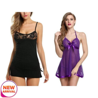Set of 2 Women's Lingerie Net Solid Above knee Baby Doll With G String Panty Free Size Black and Purple Color