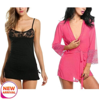Set of 2 Women's Lingerie Net Solid Above knee Baby Doll With G String Panty and Robe Free Size Black and Pink Color