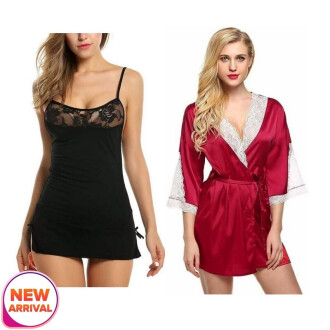 Set of 2 Women's Lingerie Net Solid Above knee Baby Doll With G String Panty and Robe Free Size Black and Maroon Color