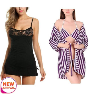 Set of 2 Women's Lingerie Net Solid Above knee Baby Doll With G String Panty and Bra Panty Set With Robe Free Size Black and Purple Color