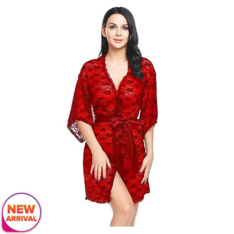 Women's Satin Solid Above knee Baby Doll Lingerie With Robe Free Size Red Color
