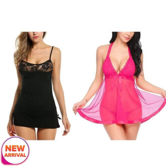 Set of 2 Women's Lingerie Net Solid Above knee Baby Doll With G String Panty Free Size Black and PinkColor