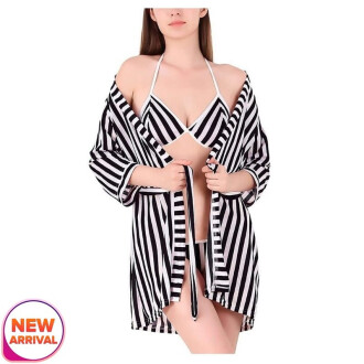 Women Stripe Satin Nightwear Robe Nightdress with Bra Panty Satin Lingerie Set Free Size Black White Color