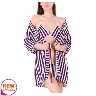 Women Stripe Satin Nightwear Robe Nightdress with Bra Panty Satin Lingerie Set Free Size Purple White Color