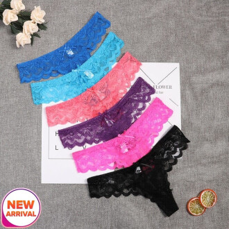 Combo Set Of 6 Women's Thinnest Fabric Bow Lace Cheeky Thongs Panty Underwear Set Free Size Multicolor
