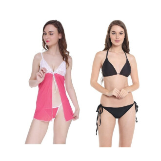 Combo set of Babydoll Lingerie and Bra panty set Free size Pink and Black color