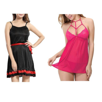 Set of 2 Women's Lingerie Net Solid Above knee Baby Doll With G String Panty and Robe Free Size Black and Pink Color