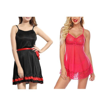 Set of 2 Women's Lingerie Net Solid Above knee Baby Doll With G String Panty and Robe Free Size Black and Pink Color
