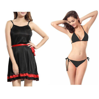 Combo Set of Sexy and Stylish Lingerie Babydoll with Robe and Bra panty set Black color