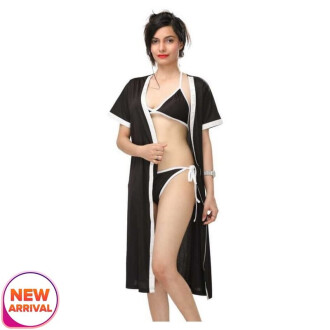 Combo Lingerie Set with Robe and Bikini Bra Panty Free Size Black Color