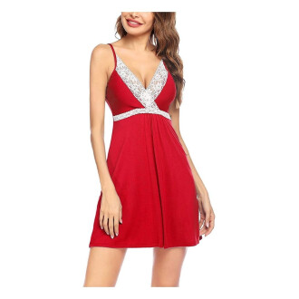 Sleepwear Womens Chemise Nightgown Full Lace Sling Dress Sexy Babydoll Lingerie Honeymoon/First Night/Anniversary Free Size Red Color
