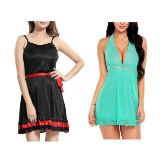 Set of 2 Women's Lingerie Net Solid Above knee Baby Doll With G String Panty and Robe Free Size Black and Green Color