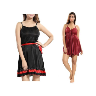 Set of 2 Women's Lingerie Net Solid Above knee Baby Doll With Robe Free Size Black and Rose Red Color