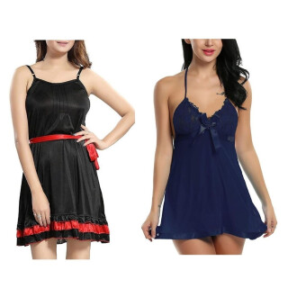 Set of 2 Women's Lingerie Net Solid Above knee Baby Doll With G String Panty and Robe Free Size Black and Navy Blue Color