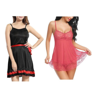 Set of 2 Women's Lingerie Net Solid Above knee Baby Doll With G String Panty and Robe Free Size Black and Pink Color