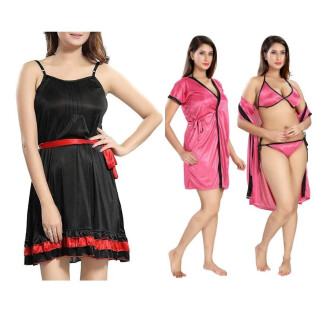 Set of 2 Women's Lingerie Net Solid Above knee Baby Doll and Bra Panty Set With Robe Free Size Black and Pink Color