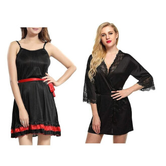 Set of 2 Women's Lingerie Net Solid Above knee Baby Doll With Robe Free Size Black Color
