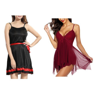 Set of 2 Women's Lingerie Net Solid Above knee Baby Doll With G String Panty and Robe Free Size Black and Maroon Color