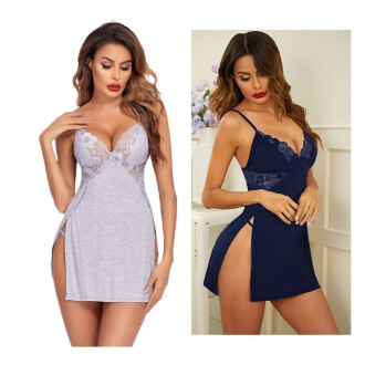 Combo set of Cotton Women Lingerie Lace Chemise Sexy Nightgown Lace Sling Dress Sexy Babydoll Lingerie Honeymoon/First Night/Anniversary Free Size Grey and Navy Blue Color