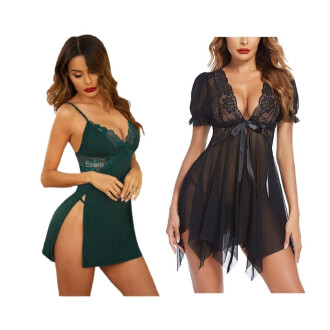 Combo Set of Cotton Women Lingerie Lace Chemise Sexy Nightgown Lace Sling Dress Sexy Babydoll Lingerie Honeymoon/First Night/Anniversary Free Size Green and Black Color
