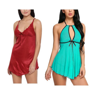 Set of 2 Women's Lingerie Net Solid Above knee Baby Doll With G String Panty Free Size Rose Red and Green Color