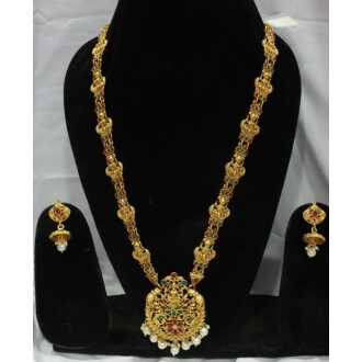 Ruby green stone God Laxmi design gold polish long necklace set