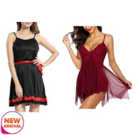 Set of 2 Women's Lingerie Net Solid Above knee Baby Doll With G String Panty and Robe Free Size Black and Maroon Color