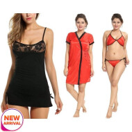 Set of 2 Women's Lingerie Net Solid Above knee Baby Doll With G String Panty and Robe Free Size Black and Red Color