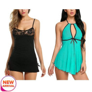 Set of 2 Women's Lingerie Net Solid Above knee Baby Doll With G String Panty Free Size Black and Green Color
