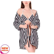 Women Stripe Satin Nightwear Robe Nightdress with Bra Panty Satin Lingerie Set Free Size Black White Color