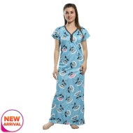 Cotton Printed Satin Maxi Nighty Full Length Free Size Blue Color