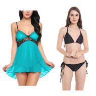 Combo set of Babydoll Lingerie and Bra panty set Free size Aqua and Black
