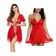 Combo Set of Sleepwear Womens Chemise Nightgown Full Lace Sling Dress Sexy Babydoll Lingerie With G-String Panty For Honeymoon/First Night/Anniversary Free Size Red Color