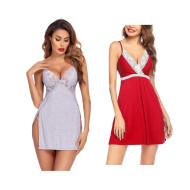 Combo Set of Cotton Women Lingerie Lace Chemise Sexy Nightgown Lace Sling Dress Sexy Babydoll Lingerie Honeymoon/First Night/Anniversary Free Size Grey and Red Color