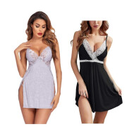 Combo Set of Cotton Women Lingerie Lace Chemise Sexy Nightgown Lace Sling Dress Sexy Babydoll Lingerie Honeymoon/First Night/Anniversary Free Size Grey and Black Color