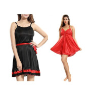 Set of 2 Women's Lingerie Net Solid Above knee Baby Doll With Robe Free Size Black and Red Color