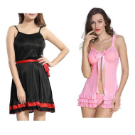 Set of 2 Women's Lingerie Net Solid Above knee Baby Doll With G String Panty and Robe Free Size Black and Blush Pink Color