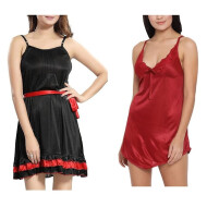 Set of 2 Women's Lingerie Net Solid Above knee Baby Doll With Robe Free Size Black and Rose Red Color