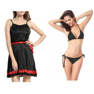 Combo Set of Sexy and Stylish Lingerie Babydoll with Robe and Bra panty set Black color