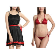 Combo Set of Sexy and Stylish Lingerie Babydoll with Robe and Bra panty set Black and Maroon color