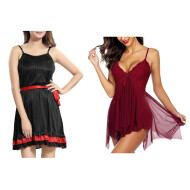Set of 2 Women's Lingerie Net Solid Above knee Baby Doll With G String Panty and Robe Free Size Black and Maroon Color