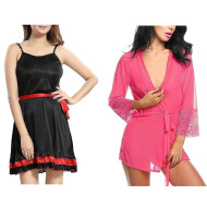 Set of 2 Women's Lingerie Net Solid Above knee Baby Doll With G String Panty and Robe Free Size Black and Pink Color
