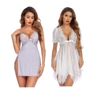 Combo Set of Cotton Women Lingerie Lace Chemise Sexy Nightgown Lace Sling Dress Sexy Babydoll Lingerie Honeymoon/First Night/Anniversary Free Size Grey and White Color